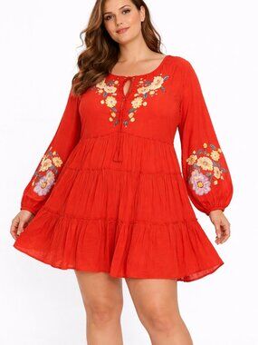 Free People Spell On You Embroidered Babydoll Dress Medium Orange Red Boho
